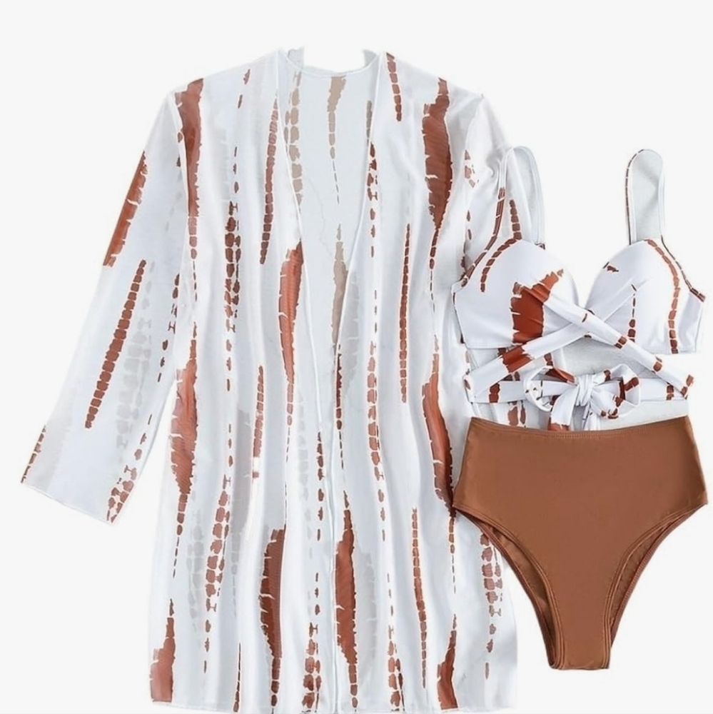 Chic White and Brown Swimsuit Set